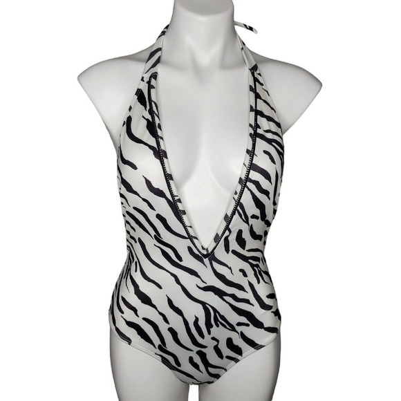 NWT Peixoto Womens Kai Swimsuit Sz Large Wild Zebra Plunging Neckline One Piece - Picture 1 of 10